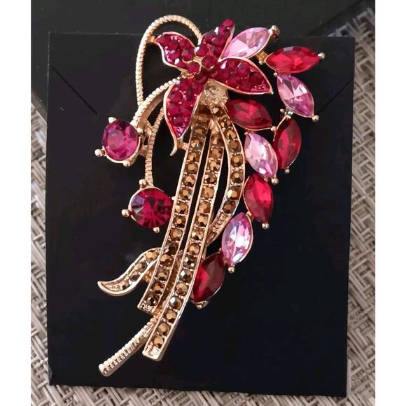 Napier Gold Tone Brooch Pin Ruby Red Pink Cascading Rhinestone - Picture 2 of 11
